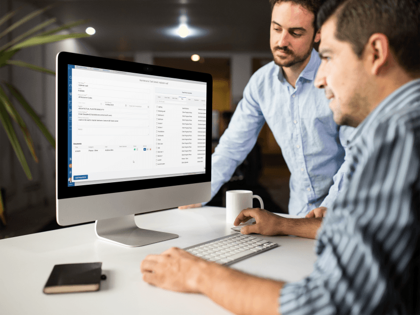 Trade coordination showing maintenance task assignments, job details, and supplier communication